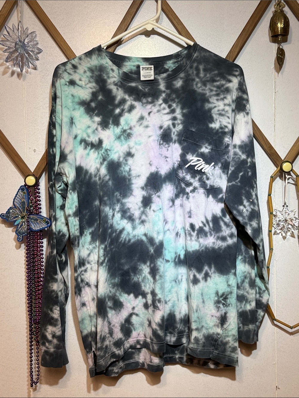 PINK Victoria's Secret Black Mint Lavender Tie-Dye Long Sleeve Tee